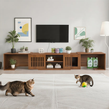 54.3" Extendable TV Stand (up to 100") with Cat House & Litter Box Enclosure – Walnut Wood Entertainment Center, Sliding Doors, Hidden Pet Furniture