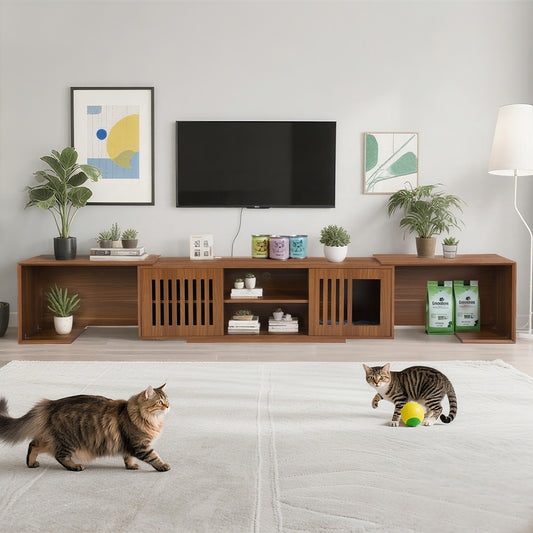 54.3" Extendable TV Stand (up to 100") with Cat House & Litter Box Enclosure – Walnut Wood Entertainment Center, Sliding Doors, Hidden Pet Furniture