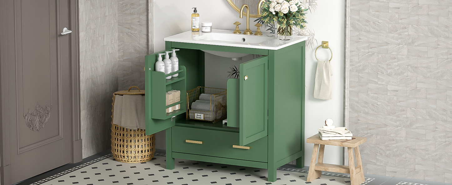 30 Inch Green Bathroom Vanity with Single Sink, Combination Under Counter Sink, Bathroom Storage Cabinet with 2 Doors and a Drawer
