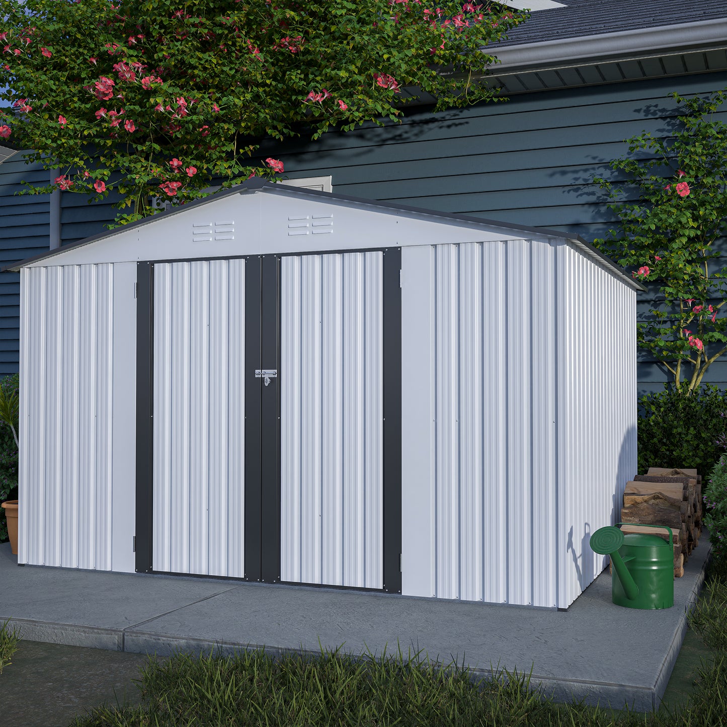 10 ft. W x 8 ft. D Outdoor Metal Storage Shed with Lockable Doors for Garden, Patio, Backyard, Lawn, White (75 sq. ft.)