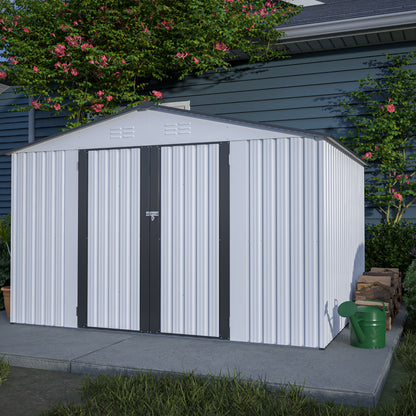 10 ft. W x 8 ft. D Outdoor Metal Storage Shed with Lockable Doors for Garden, Patio, Backyard, Lawn, White (75 sq. ft.)