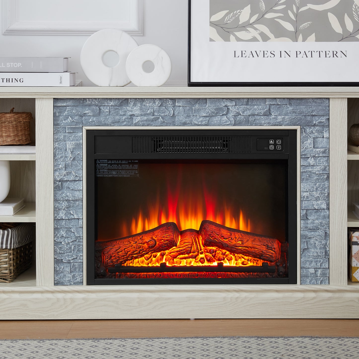 70 inch Large TV Desk Storage Rack with Faux Stacked Stone Surround, Media Console Table with Large Storage Cabinet