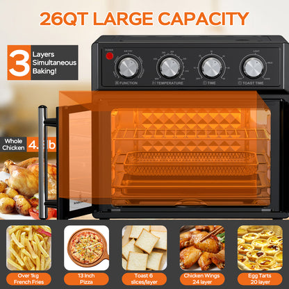 26QT Large capacity French Double-Door Air Fryer Convection Toaster Oven, 1700W, 7 Preset Menus, 7-in-1 Multi-Function for Bake