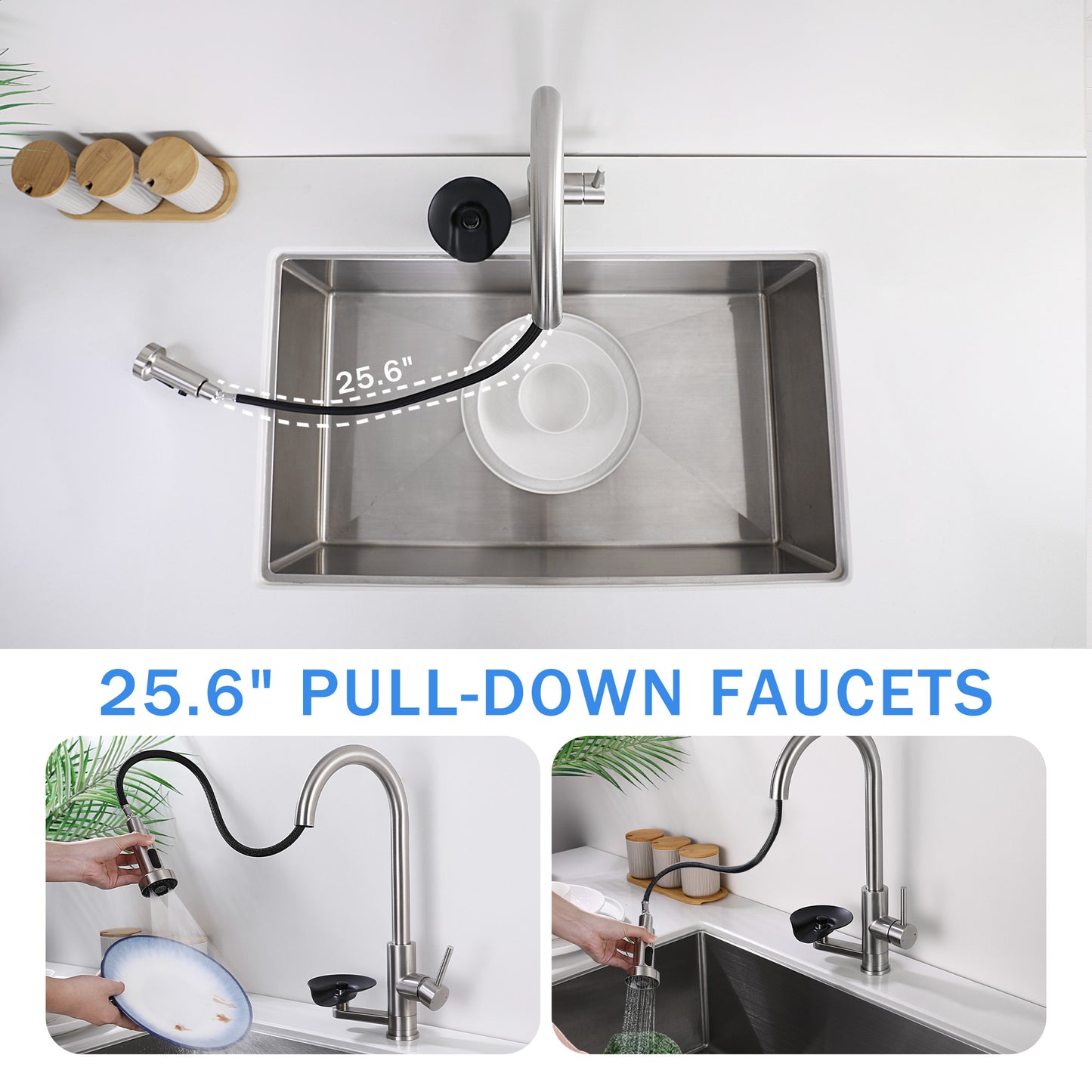 3-in-1 Kitchen Faucet with Press-Type Glass Rinser, High-Arc Pull-Down Sprayer Faucet, 3 Function Spray Mode, Brushed Nickel Finish, for Modern Kitchen Sink