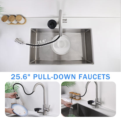 3-in-1 Kitchen Faucet with Press-Type Glass Rinser, High-Arc Pull-Down Sprayer Faucet, 3 Function Spray Mode, Brushed Nickel Finish, for Modern Kitchen Sink