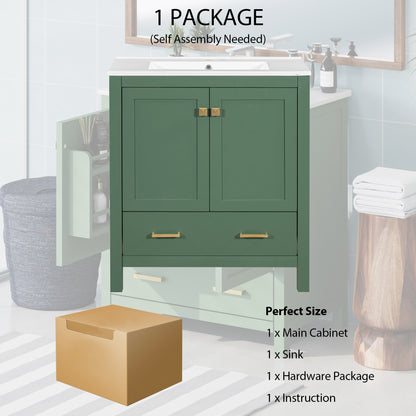 30 Inch Green Bathroom Vanity with Single Sink, Combination Under Counter Sink, Bathroom Storage Cabinet with 2 Doors and a Drawer