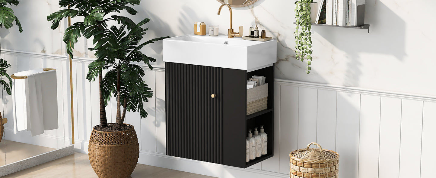 21.6 inch Modern Floating Bathroom Vanity with Ceramic Basin - Perfect for Small Bathrooms, Right side storage