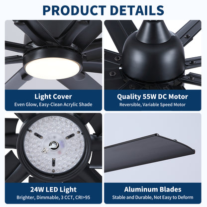 84 in. Super Large Black Ceiling Fan with 8 Blades Included with Remote
