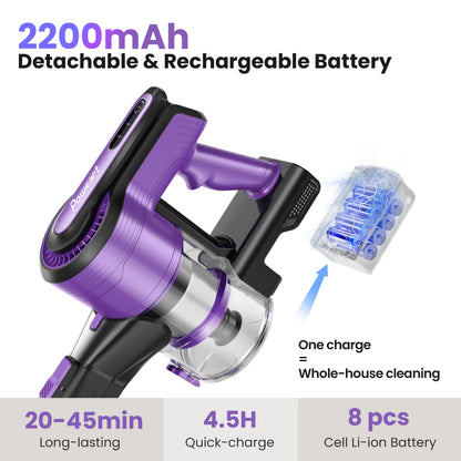 Purple Cordless Vacuum, 30KPa Suction, 350W Motor, 8-in-1 Cleaner