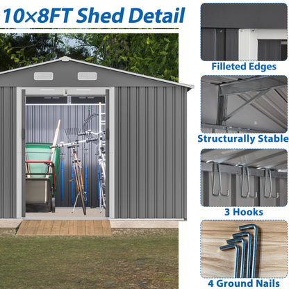 10 ft. W x 8 ft. D Outdoor Metal Storage Shed with Foundation and Lockable Doors for Patio, Backyard, Gray (73.8 sq.ft.)