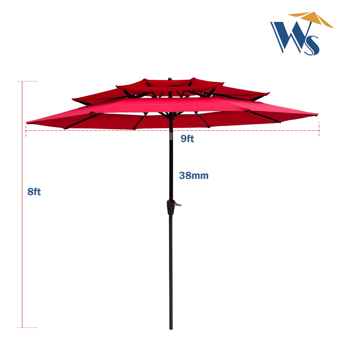 9 ft. 3-Tiers Aluminum Market Umbrella with Crank and Tilt and Wind Vents Outdoor Patio Umbrella in Red