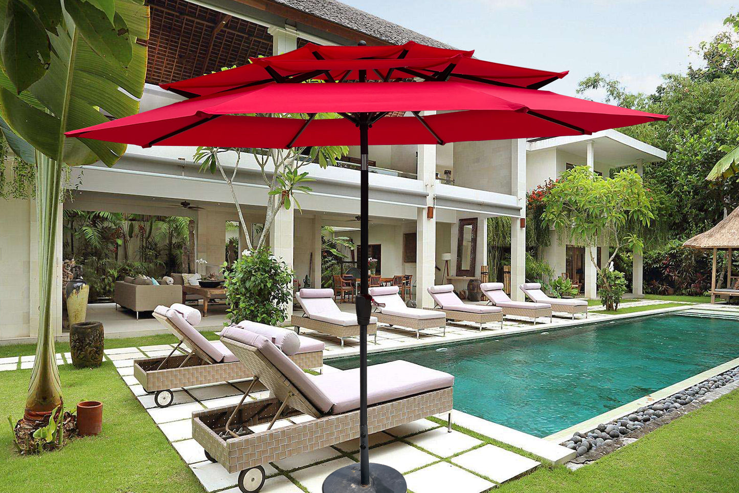 9 ft. 3-Tiers Aluminum Market Umbrella with Crank and Tilt and Wind Vents Outdoor Patio Umbrella in Red