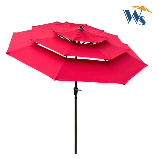 9 ft. 3-Tiers Aluminum Market Umbrella with Crank and Tilt and Wind Vents Outdoor Patio Umbrella in Red