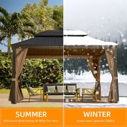 10 ft. x 12 ft. Brown Outdoor Aluminum Gazebo with Galvanized Steel Double Canopy Curtains and Netting for Deck Backyard