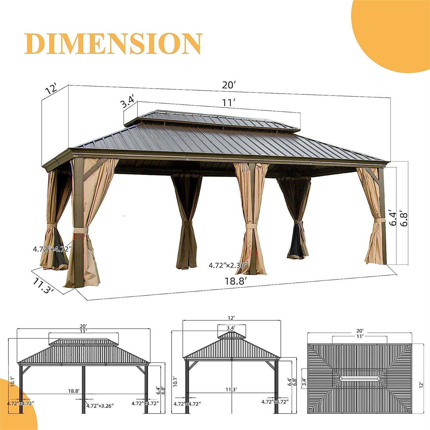12 ft. x 20 ft. Brown Outdoor Aluminum Gazebo with Galvanized Steel Double Canopy Curtains and Netting for Deck Backyard