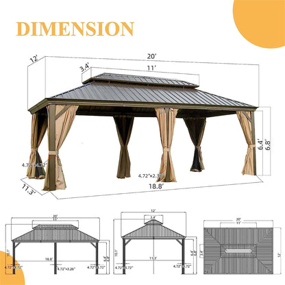 12 ft. x 20 ft. Brown Outdoor Aluminum Gazebo with Galvanized Steel Double Canopy Curtains and Netting for Deck Backyard
