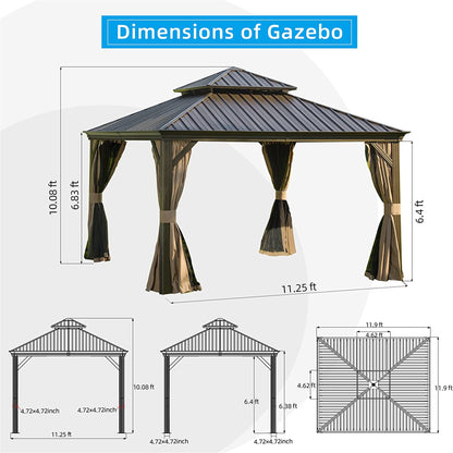 12 ft. x 12 ft. Black Outdoor Aluminum Gazebo with Galvanized Steel Double Canopy Curtains and Netting for Deck Backyard