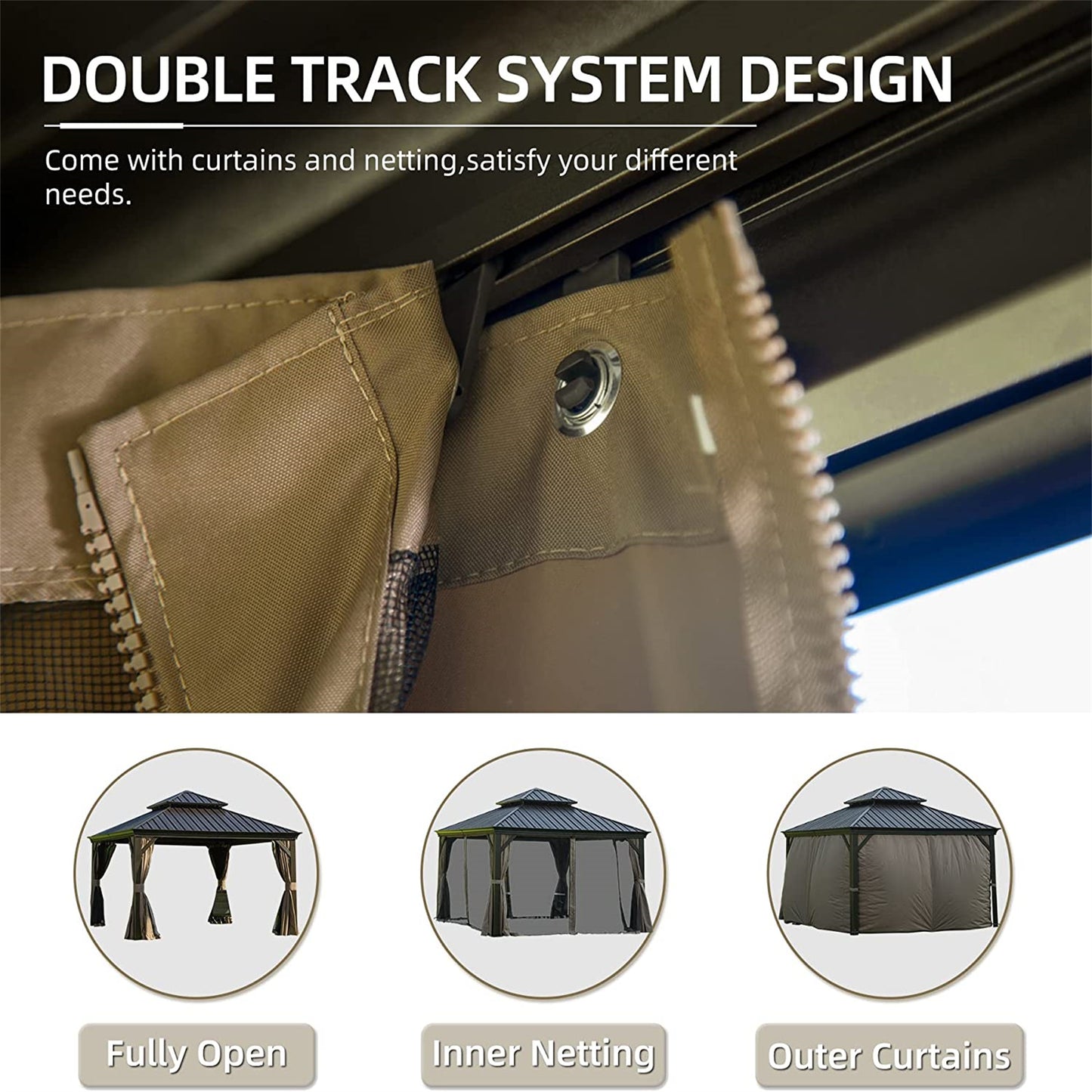 12 ft. x 12 ft. Black Outdoor Aluminum Gazebo with Galvanized Steel Double Canopy Curtains and Netting for Deck Backyard