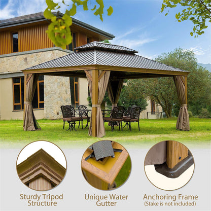 12 ft. x 14 ft. Yellow Outdoor Aluminum Gazebo with Galvanized Steel Double Canopy and Curtains and Netting for Backyard