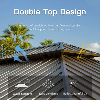 12 ft. x 14 ft. Yellow Outdoor Aluminum Gazebo with Galvanized Steel Double Canopy and Curtains and Netting for Backyard