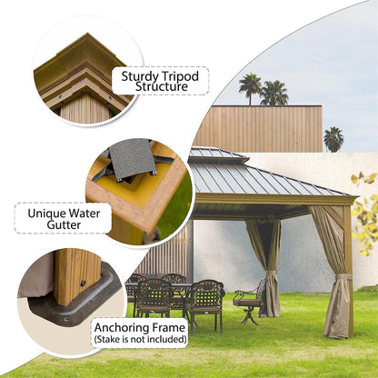 12 ft. x 14 ft. Yellow Outdoor Aluminum Gazebo with Galvanized Steel Double Canopy and Curtains and Netting for Backyard