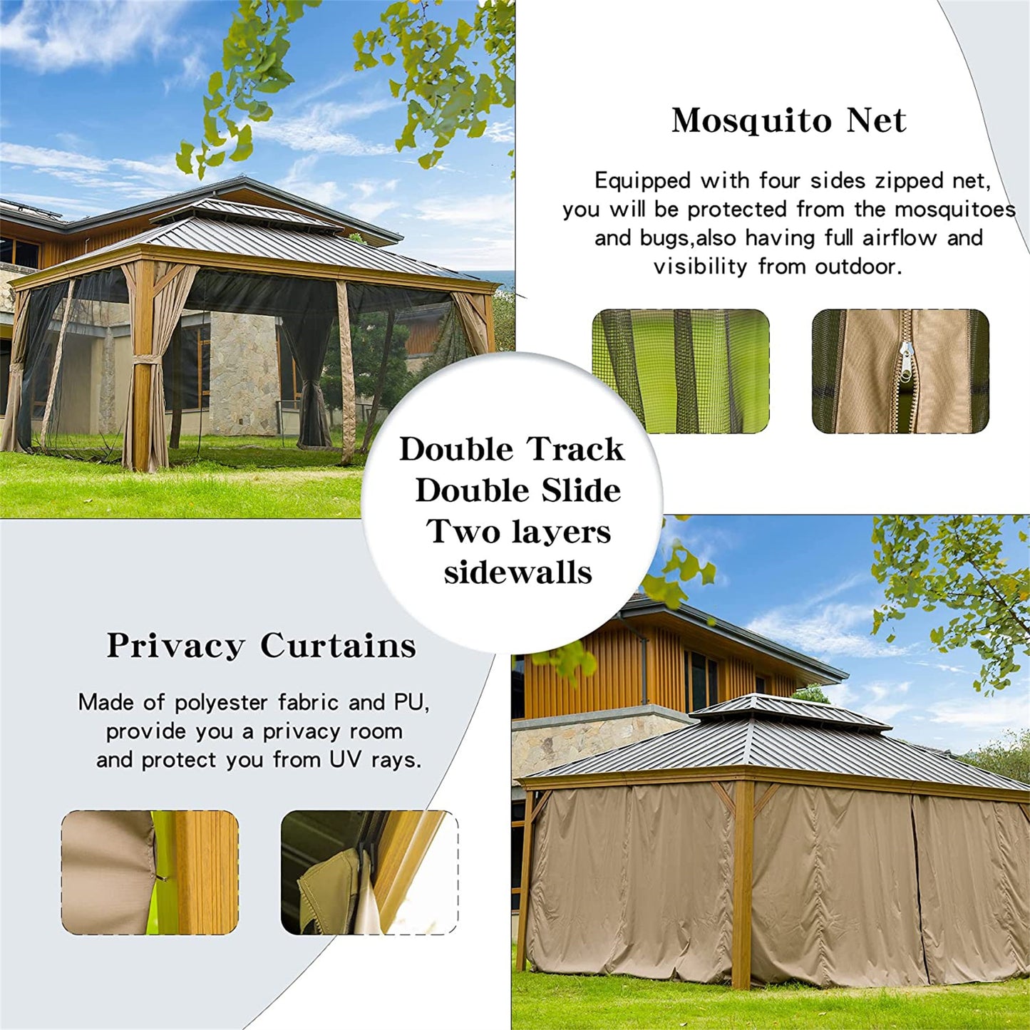 12 ft. x 14 ft. Yellow Outdoor Aluminum Gazebo with Galvanized Steel Double Canopy and Curtains and Netting for Backyard