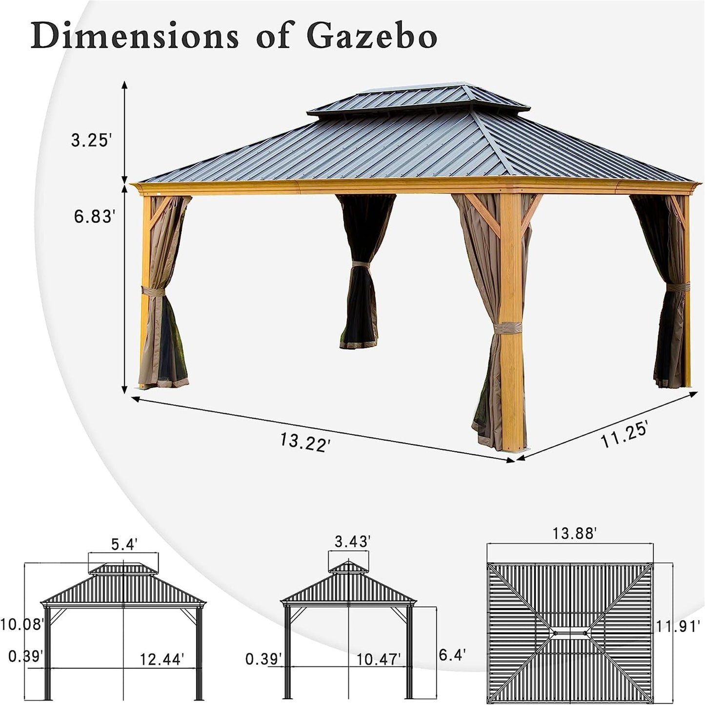 12 ft. x 14 ft. Yellow Outdoor Aluminum Gazebo with Galvanized Steel Double Canopy and Curtains and Netting for Backyard