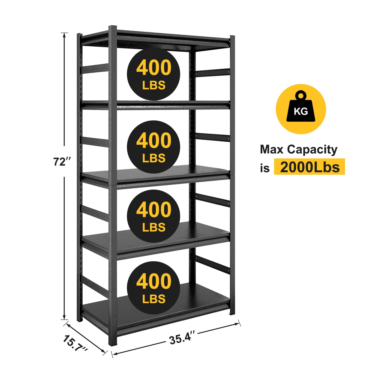 5 -Tier Heavy Duty Black Metal Utility shelving unit with Ventilated Shelves ( 35.4-in W x 15.7-in D x 72-in H )