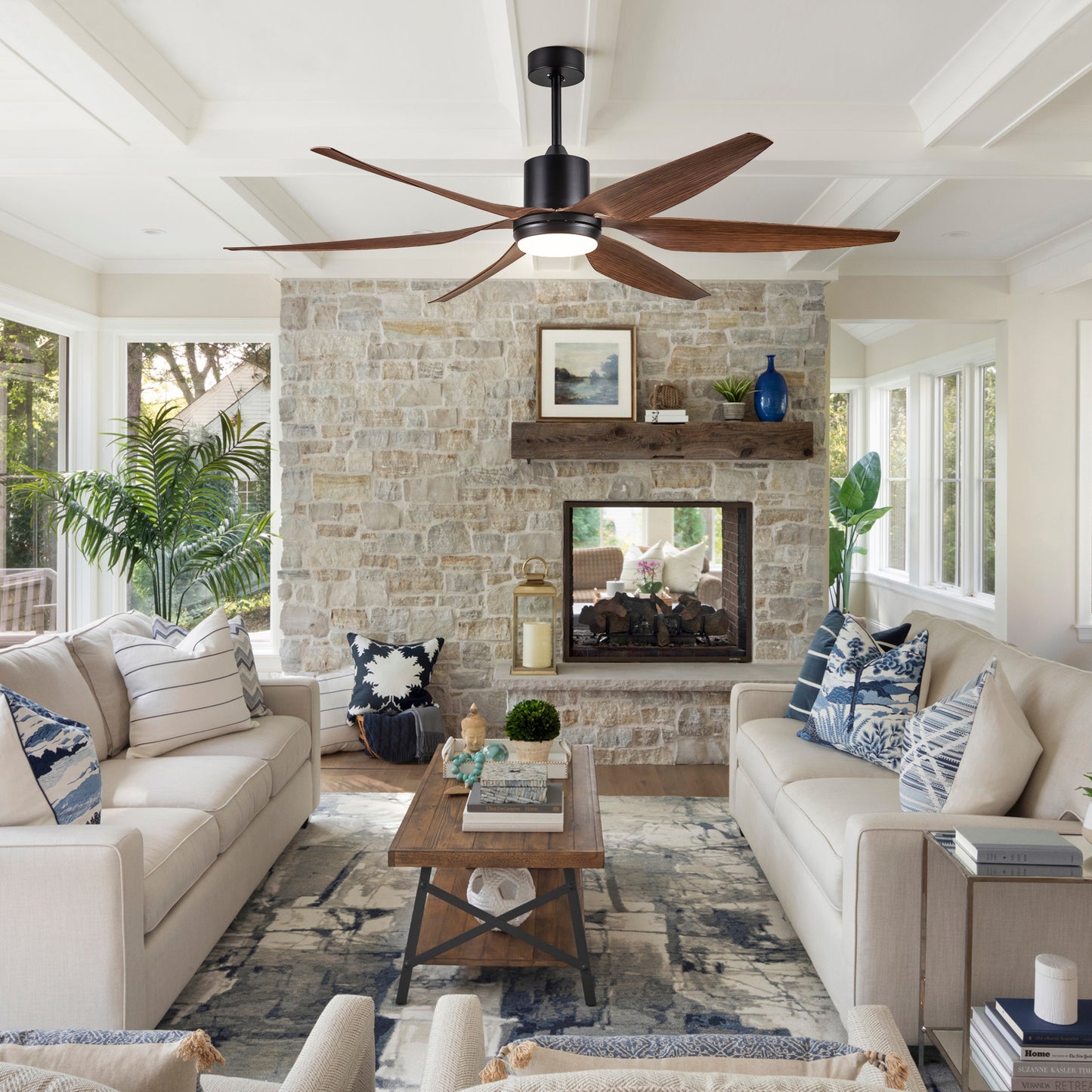 66 in. Vintage Ceiling Fan with Integrated LED Light and Brown Blades Included with Remote