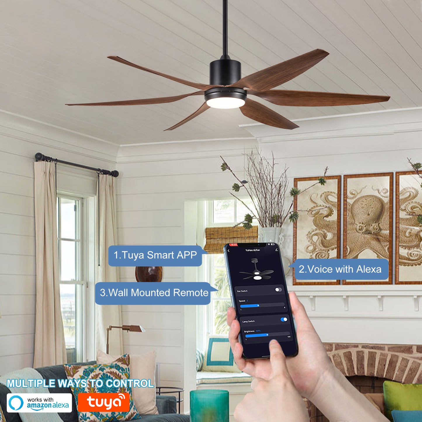 66 in. Vintage Ceiling Fan with Integrated LED Light and Brown Blades Included with Remote