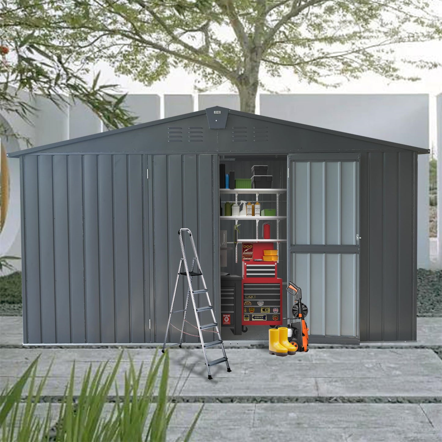 11 ft. W x 12.5 ft. D Outdoor Metal Shed Tool Storage Room with Windows, Lockable Door, Dark Gray (137.5 sq.ft.)