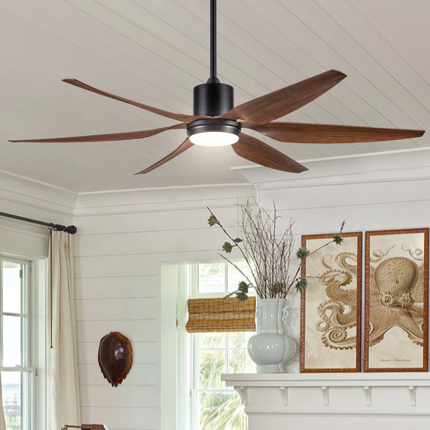 66 in. Vintage Ceiling Fan with Integrated LED Light and Brown Blades Included with Remote