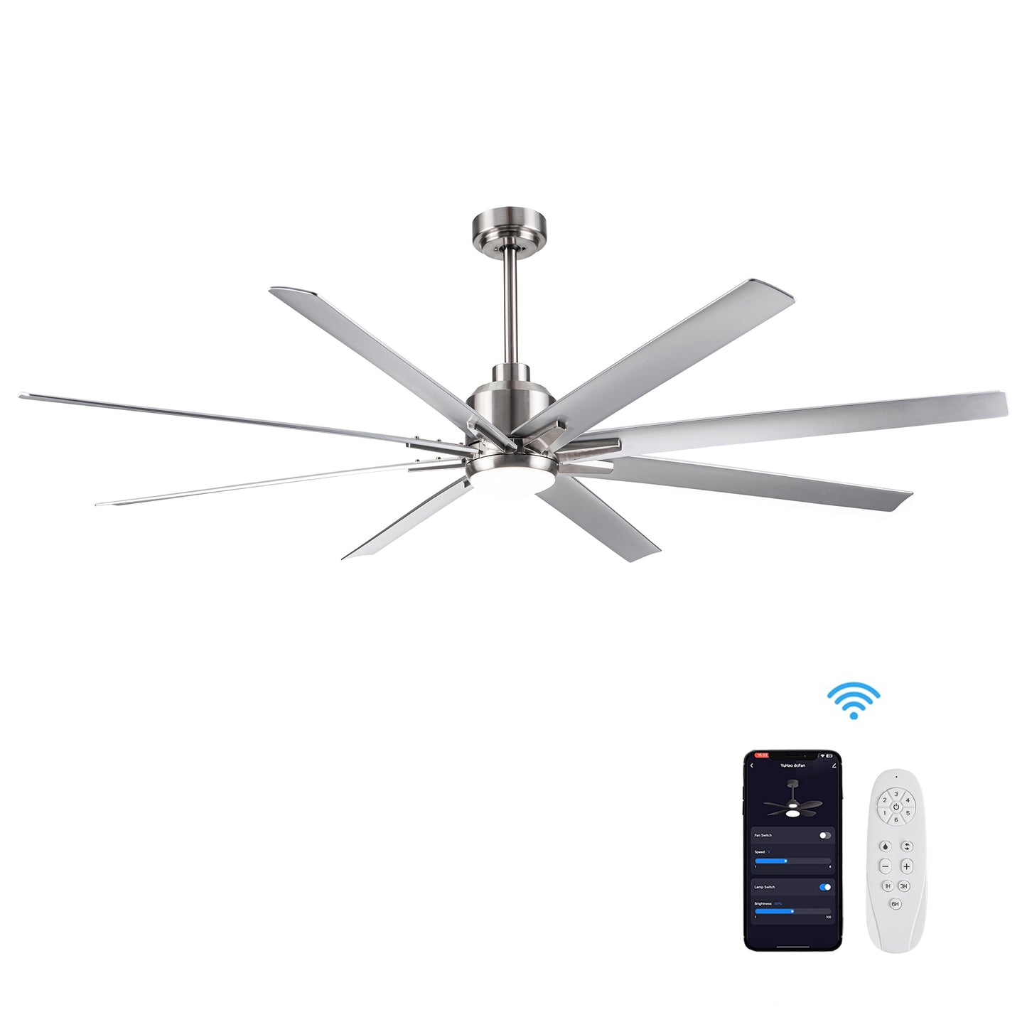 72 in. Brushed Nickel Smart Ceiling Fan with Silver Blades with Integrated LED Light Included with Remote