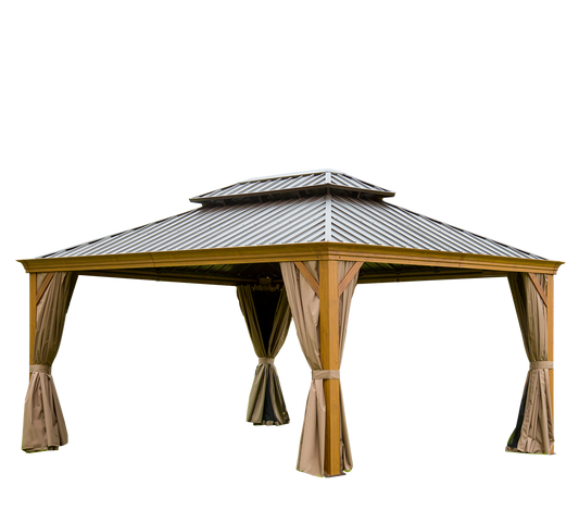 12 ft. x 16 ft. Yellow Outdoor Aluminum Gazebo with Galvanized Steel Double Canopy and Curtains and Netting for Backyard