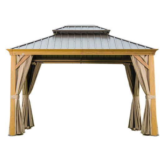 10 ft. x 12 ft. Yellow Outdoor Aluminum Gazebo with Galvanized Steel Double Canopy and Curtains and Netting for Backyard