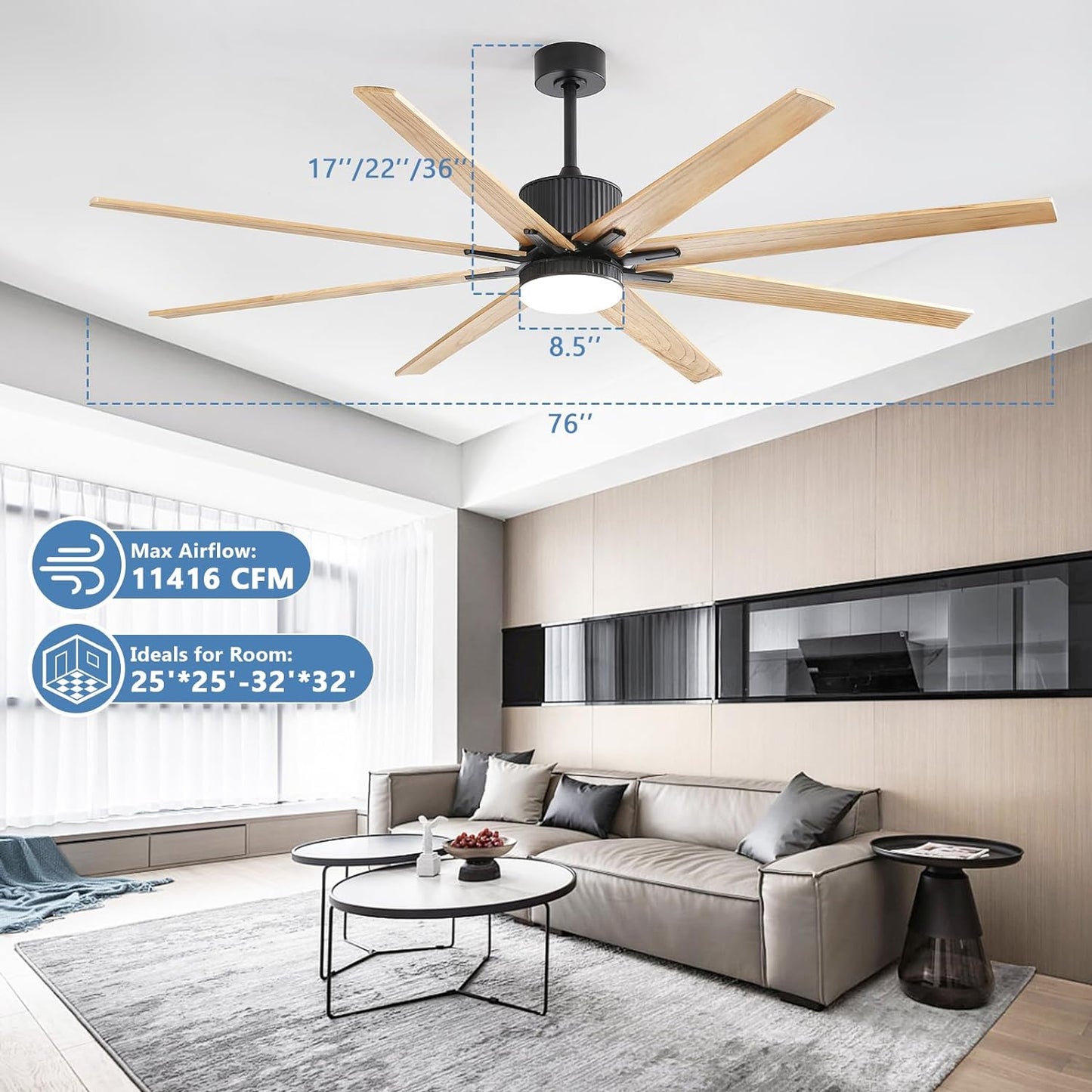 76 Inch Indoor Ceiling Fan With Dimmable 3 Color Led Light 8 Solid Wood Blades Remote Control Reversible DC Motor Wood