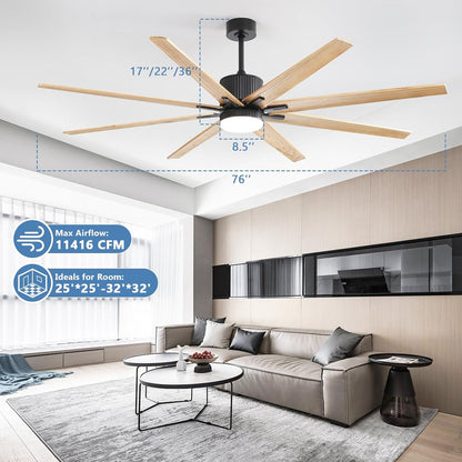76 Inch Indoor Ceiling Fan With Dimmable 3 Color Led Light 8 Solid Wood Blades Remote Control Reversible DC Motor Wood