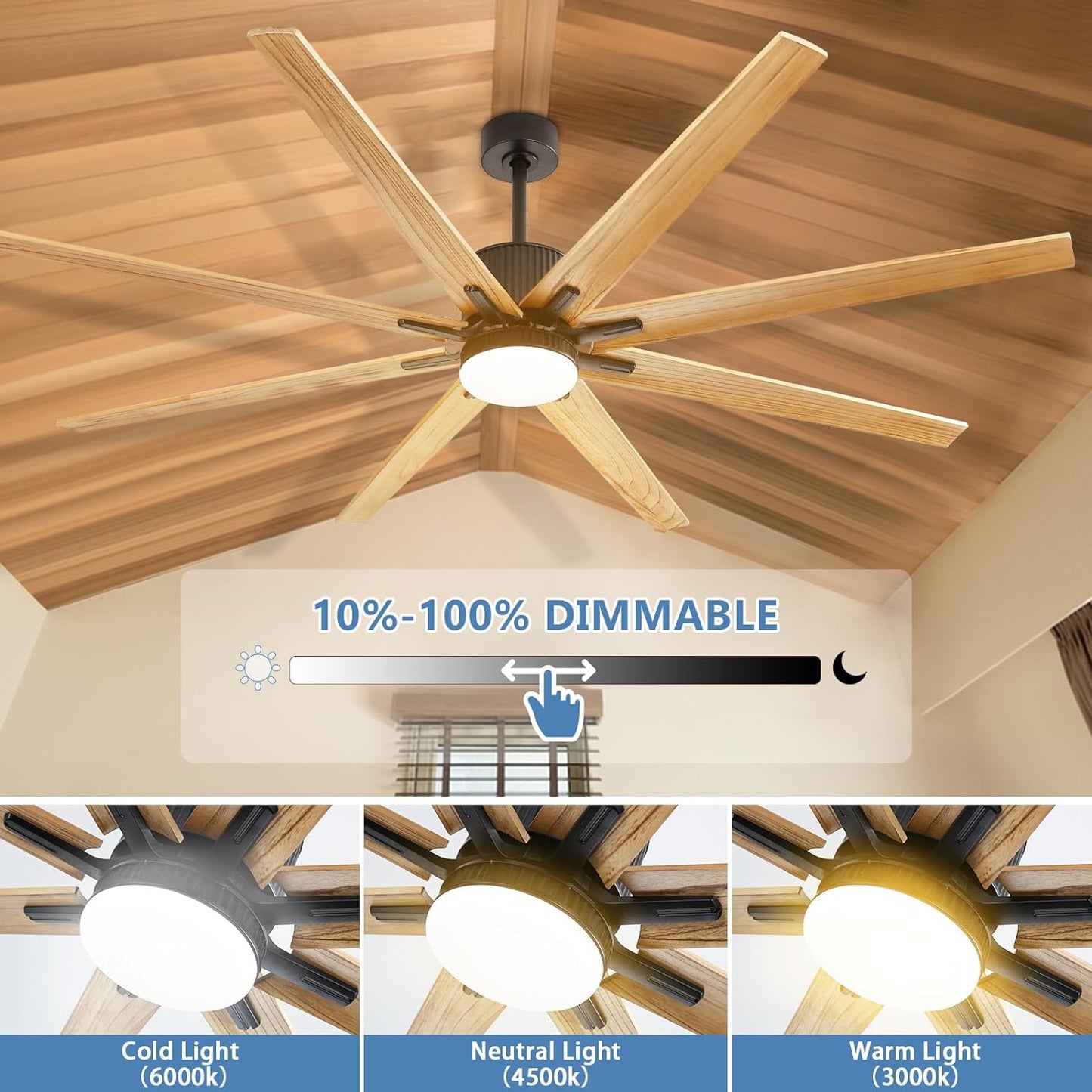 76 Inch Indoor Ceiling Fan With Dimmable 3 Color Led Light 8 Solid Wood Blades Remote Control Reversible DC Motor Wood