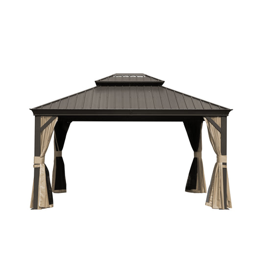 10 ft. x 12 ft. Brown Outdoor Aluminum Gazebo with Galvanized Steel Double Canopy Curtains and Netting for Deck Backyard