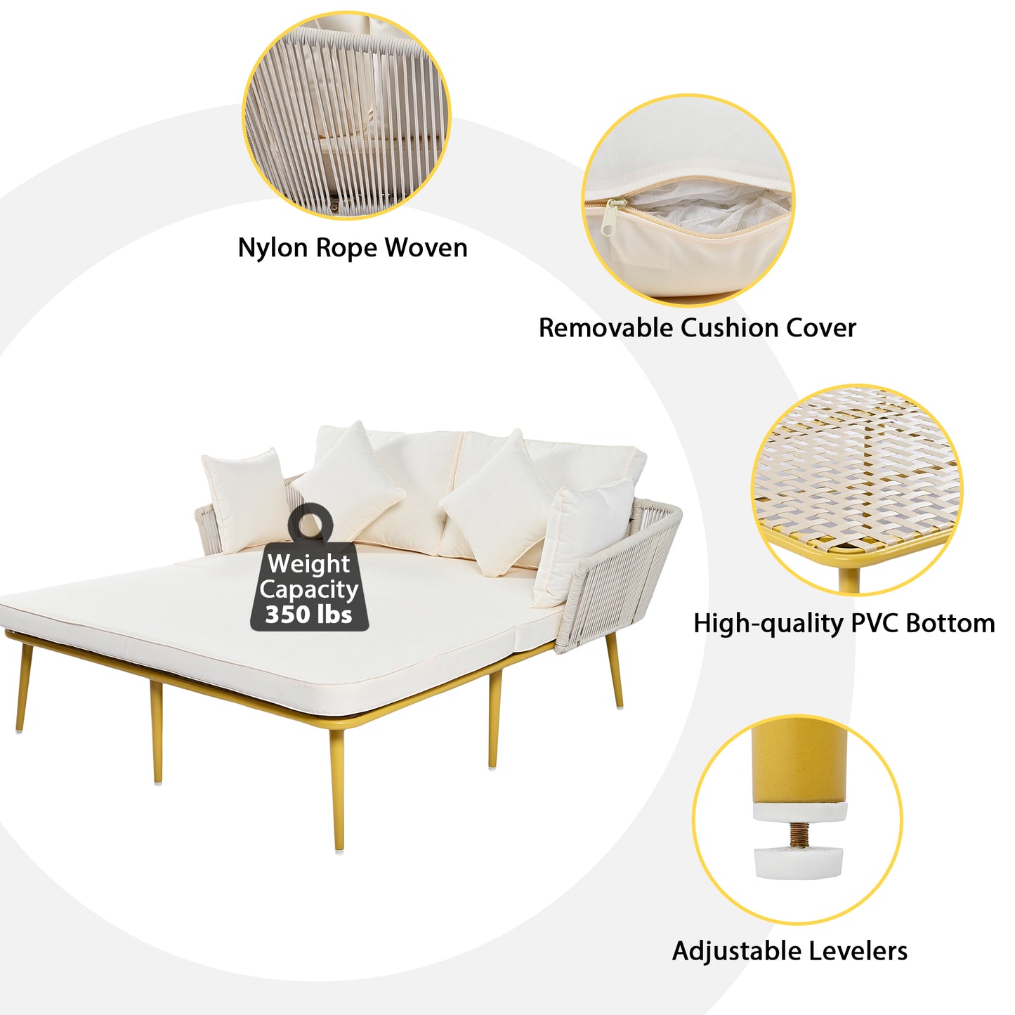 Outdoor Patio Daybed, Woven Nylon Rope Backrest with Washable Cushions for Balcony