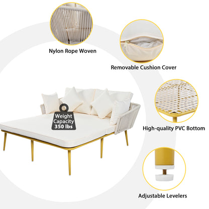 Outdoor Patio Daybed, Woven Nylon Rope Backrest with Washable Cushions for Balcony