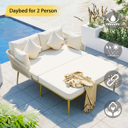 Outdoor Patio Daybed, Woven Nylon Rope Backrest with Washable Cushions for Balcony