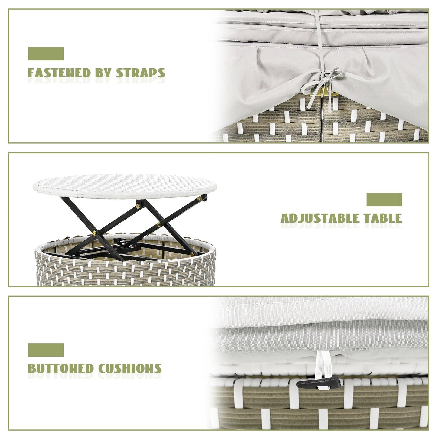 Wicker Patio Outdoor Sofa Set Rattan Daybed Two-Tone Weave Sunbed with Retractable Canopy, Gray Cushions