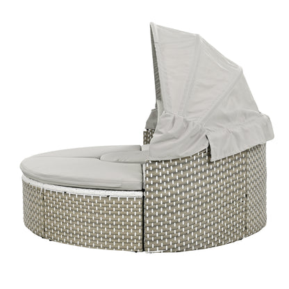 Wicker Patio Outdoor Sofa Set Rattan Daybed Two-Tone Weave Sunbed with Retractable Canopy, Gray Cushions