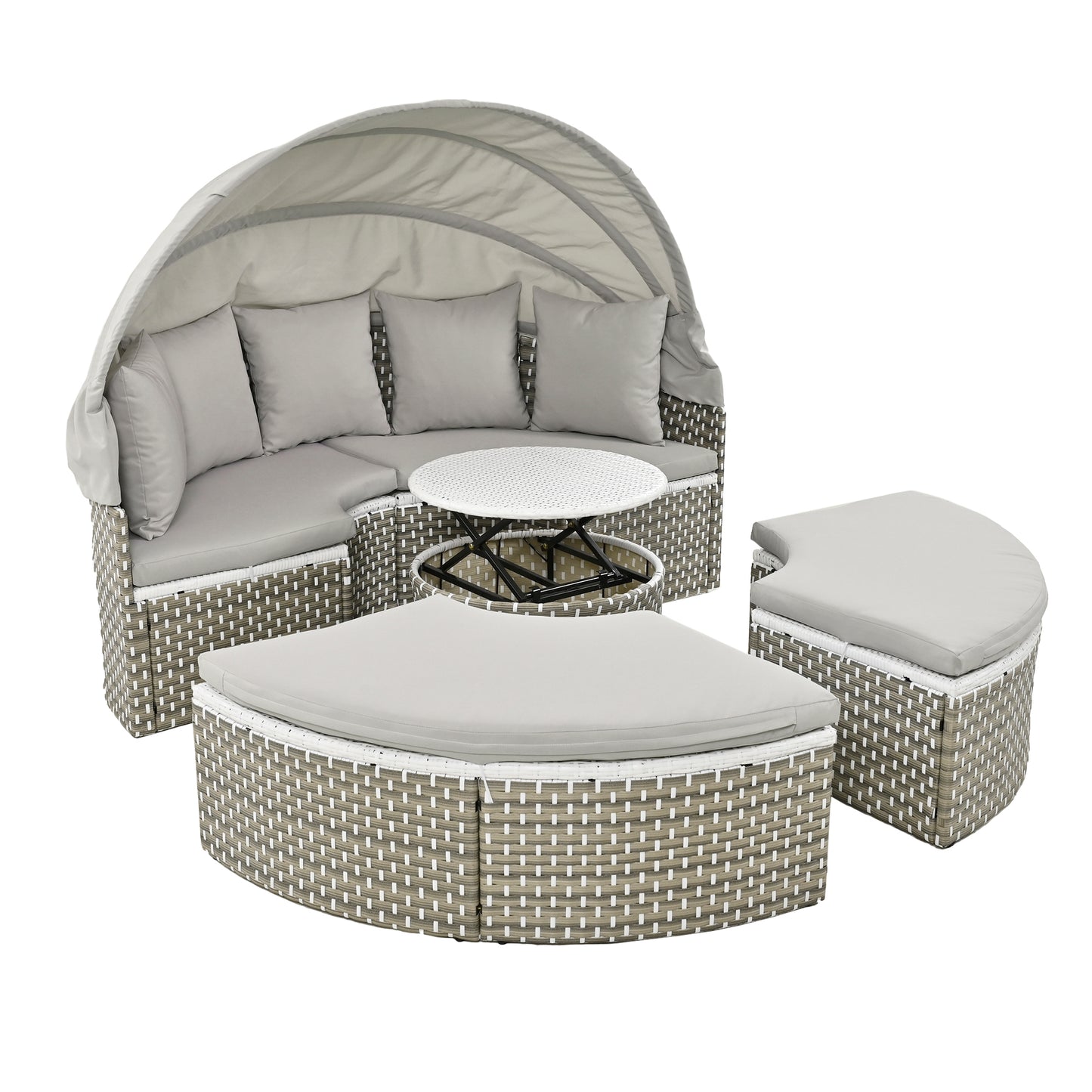 Wicker Patio Outdoor Sofa Set Rattan Daybed Two-Tone Weave Sunbed with Retractable Canopy, Gray Cushions
