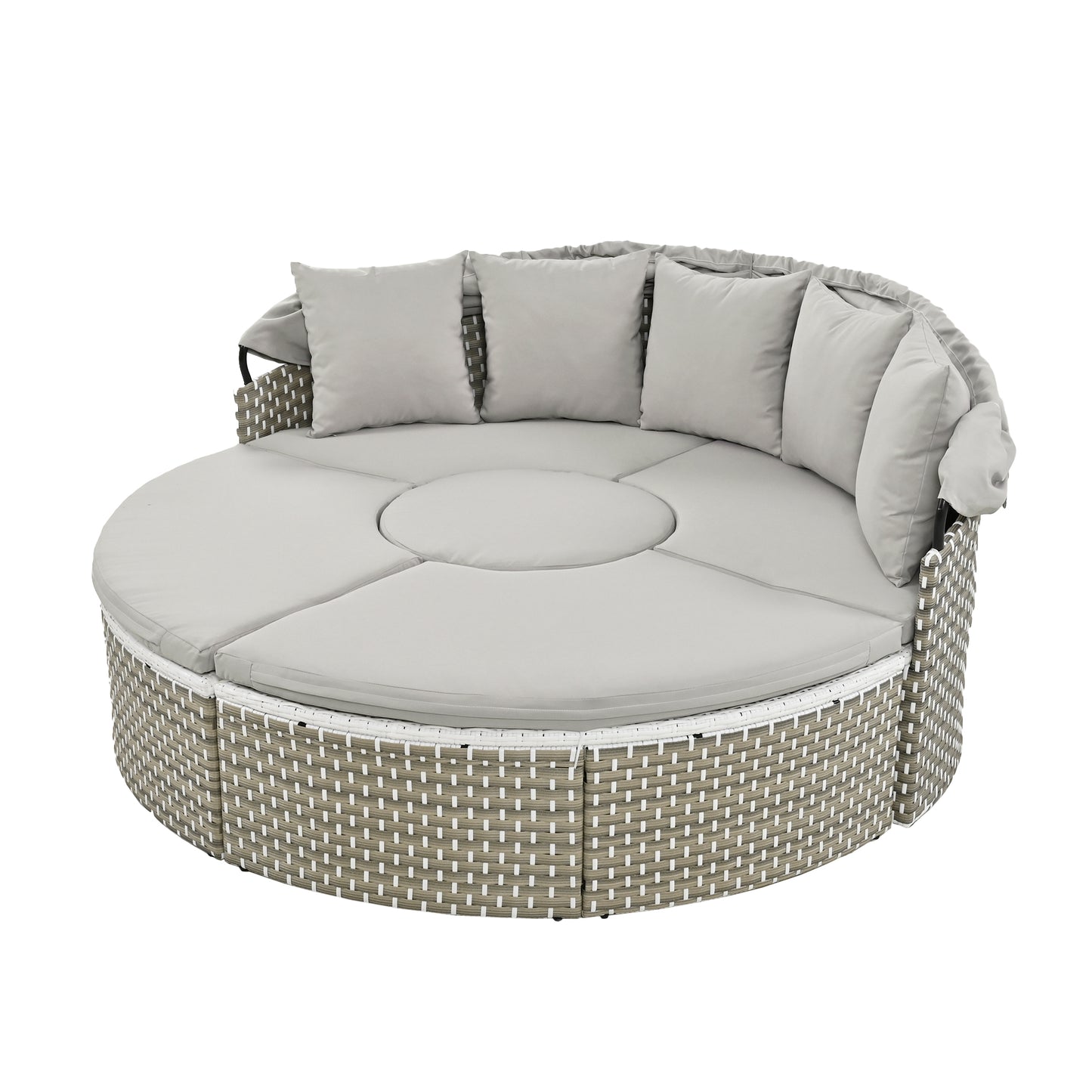 Wicker Patio Outdoor Sofa Set Rattan Daybed Two-Tone Weave Sunbed with Retractable Canopy, Gray Cushions