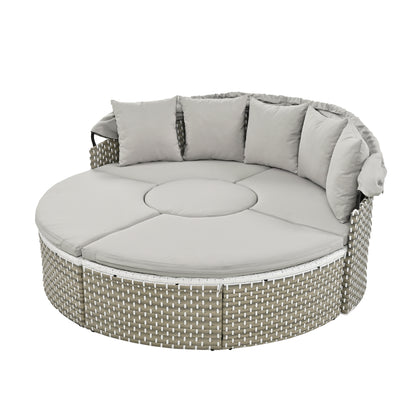 Wicker Patio Outdoor Sofa Set Rattan Daybed Two-Tone Weave Sunbed with Retractable Canopy, Gray Cushions