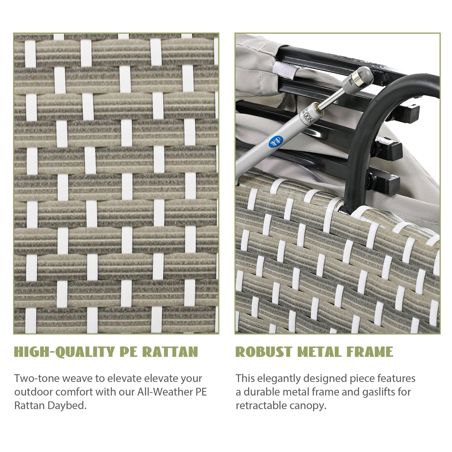 Wicker Patio Outdoor Sofa Set Rattan Daybed Two-Tone Weave Sunbed with Retractable Canopy, Gray Cushions