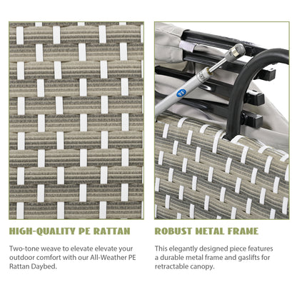 Wicker Patio Outdoor Sofa Set Rattan Daybed Two-Tone Weave Sunbed with Retractable Canopy, Gray Cushions