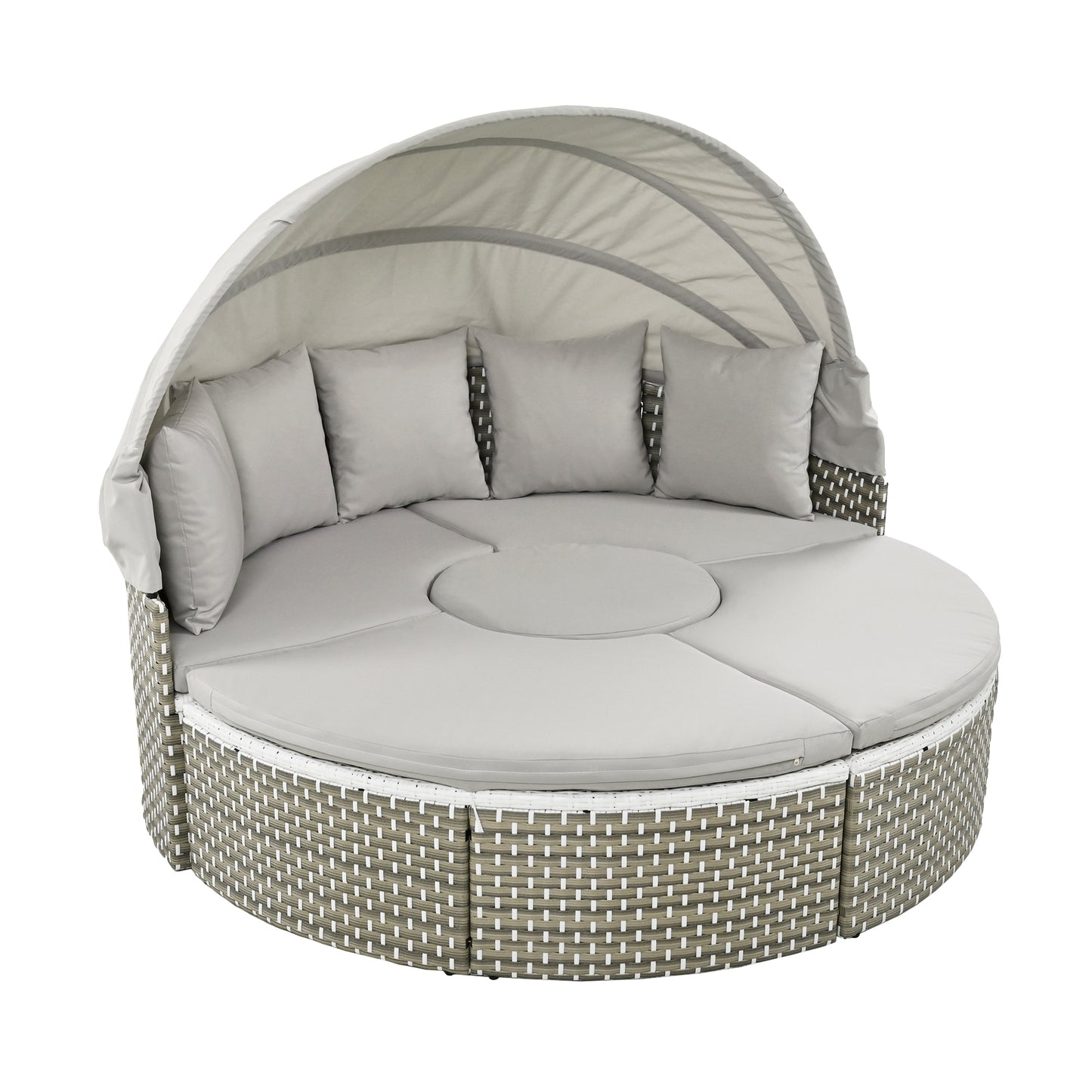 Wicker Patio Outdoor Sofa Set Rattan Daybed Two-Tone Weave Sunbed with Retractable Canopy, Gray Cushions